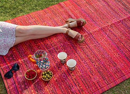 Talking Tables Roter Boho-Teppich für draußen, gewebt, wasserdicht, Kunststoff, leicht und rutschfest, für Garten, Terrasse, Terrassendielen, Badezimmer, Picknick,