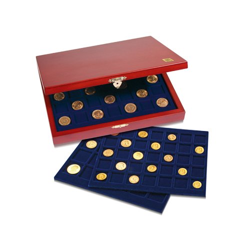 SAFE 5892 Münzkassette aus Holz für 15 komplette Euro-Sätze 1 Cent bis 2 Euro | 3 herausnehmbare Tableaus | Mit Patentbügel zum Entnehmen der Tableaus | 255 x 210 x 40 mm