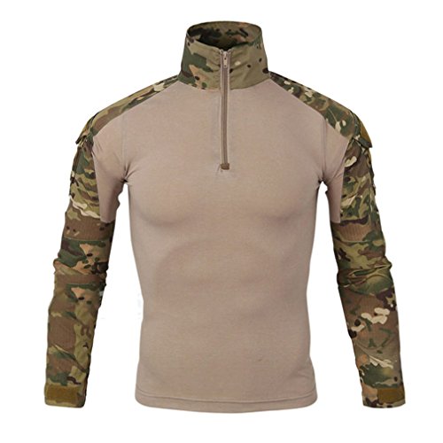 emansmoer Herren Stehkragen Langarm 1/4 Zip Pullover Tops Armee Militär Combat Taktisch Outdoor Sport Quick Dry T-Shirt Tee (Large, MC)