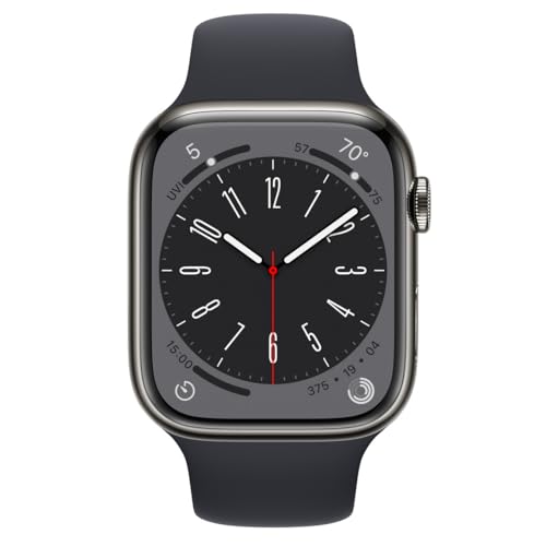 Apple Watch Series 8 (GPS + Cellular, 45mm) Graphitfarbenes Edelstahlgehäuse mit Midnight Sport Band, M/L (Generalüberholt)