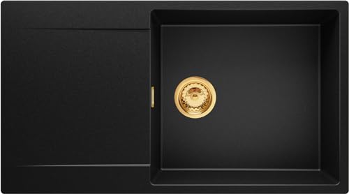 Spülbecken Schwarz 90x50 cm, Granitspüle + Ablauf-Set mit Goldenem Siphon, Küchenspüle für 60er Unterschrank, Einbauspüle von Primagran