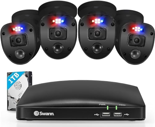 Swann Black Enforcer Home Security Camera System 4 Kanal 4 Kameras DVR CCTV, kabelgebundene Überwachung 1080p Full HD, Farb-Nachtsicht, rote und Blaue Blinklichter, Alexa + Google, SODVK-446804SLB