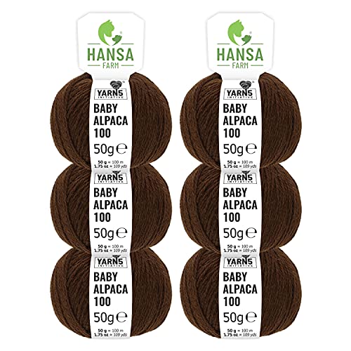 HANSA-FARM | 100% Baby Alpakawolle in 50+ Farben (kratzfrei) - 300g Set (6 x 50g) - weiche Alpaka Wolle zum Stricken & Häkeln in 6 Garnstärken by Hansa-Farm - Schoko (Dunkel-Braun)
