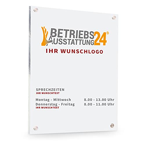 Betriebsausstattung24® Individuell gefertigtes Türschild mit Wunschlogo & Text | Acrylglas, 21,0 x 29,7 cm / DIN A4 Hochformat | Inkl. 4 Abstandhaltern aus Edelstahl | Zum Verschrauben