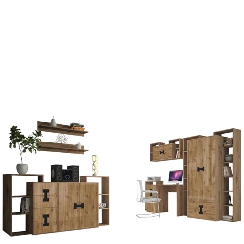 Mirjan24 Kinderzimmer Set Satton II, im Set: Kleiderschrank, Kommode, Schreibtisch, 2X Wandregal, 3X Regal, Möbel für Kinderzimmer (Artisan Eiche/Artisan Eiche Hochglanz)