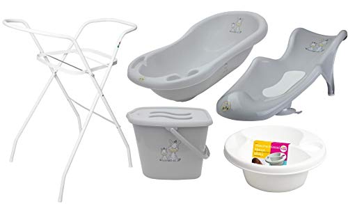 5er Set Baby-Badewanne Set Babywanne 84 cm mit Stöpsel Anti-Rutsch Boden + Ständer + Badesitz Badewannensitz + Windeleimer + Waschschüssel