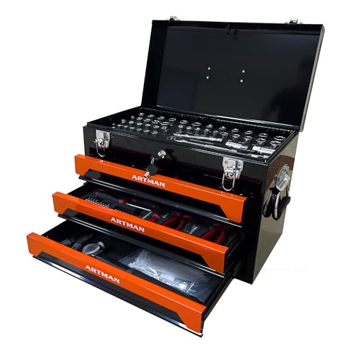 SPOFLYINN Werkzeugkasten mit Werkzeugset, 3 Schubladen, Metall, tragbarer Werkzeugkasten, Organizer mit kugelgelagerten Schubladenschienen für Garage, Werkstatt, Schwarz + Orange