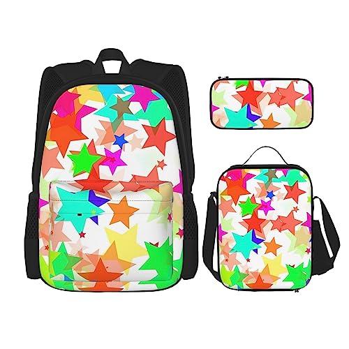 Rucksack mit buntem Sternenmuster, 3-teilig, Schultasche mit Lunchbox und Federmäppchen, geeignet für Jungen und Mädchen, Schwarz , Einheitsgröße, Kinderrucksack