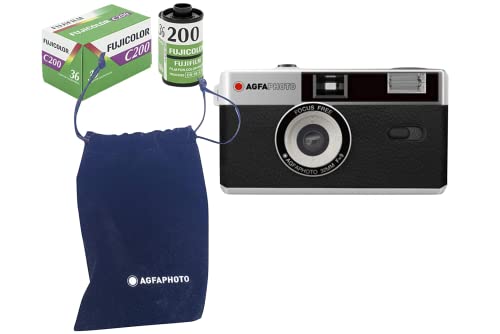 AgfaPhoto analoge 35mm Kleinbildfilm Foto Kamera schwarz im Set :Farb Bilder Film + Batterie