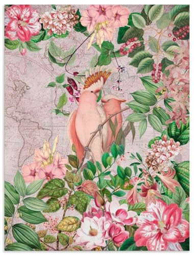 ARTland Wandbild Alu Verbundplatte für Innen & Outdoor Bild 60x80 cm Papagei Kakadu Garten exotische Pflanzen Blumen Vintage U4VW
