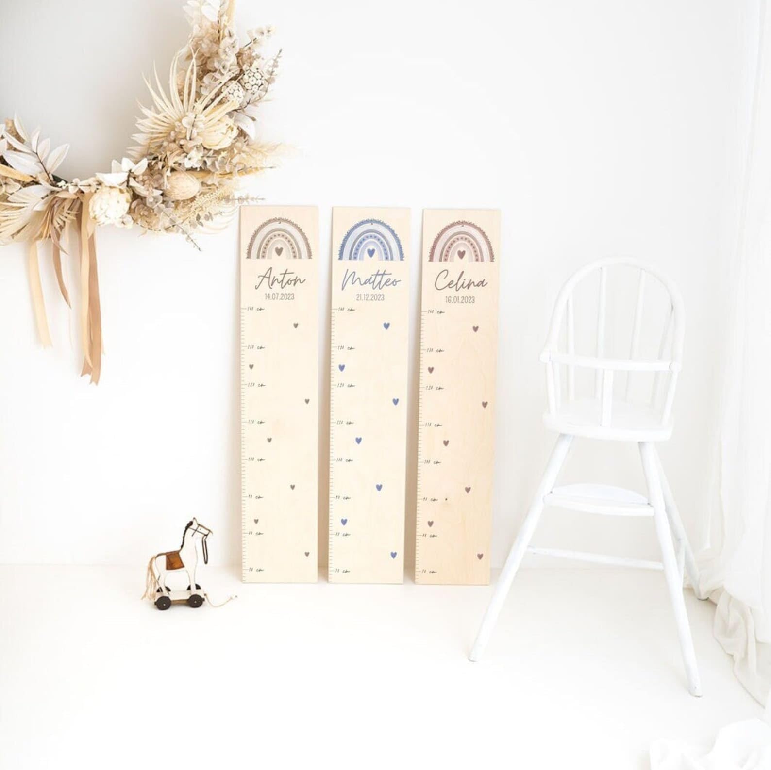 wunderwunsch - Personalisierte Messlatte Kind Holz zum Kleben oder Aufhängen - Skala 70-140cm - Süße Dekoration für Baby- & Kleinkinderzimmer (beige)