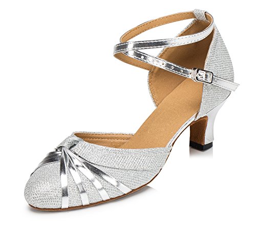 URVIP Neuheiten Frauen's Pailletten Heels Absatzschuhe Moderne Latein-Schuhe mit Knöchelriemen Tanzschuhe LD072 Silber 40 EU
