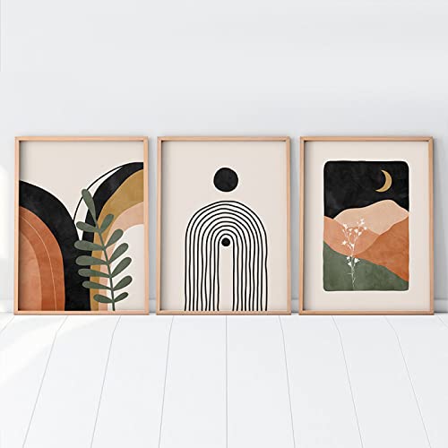 Boho Mid Century Wand Bilder moderne neutrale abstrakte geometrische Poster Kunstdrucke Schwarz Beige Orange minimalistische Bilder für Wohnzimmer 50 x 70 cm x 3 ungerahmt