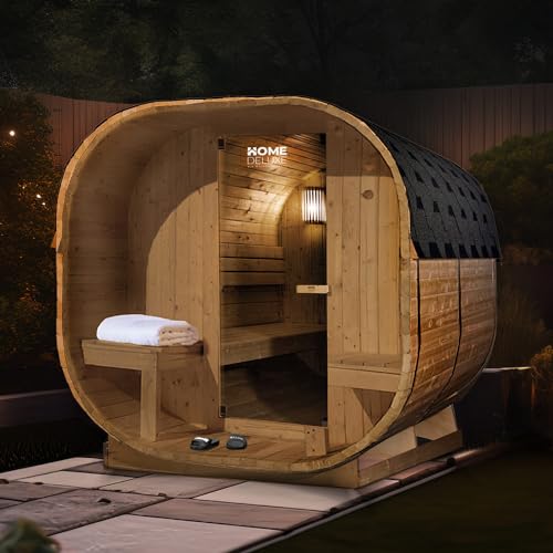 Home Deluxe - Outdoor Sauna Cube Deluxe - L - Maße: ca. 220 cm x 185 cm x 194 cm, Holz: Fichtenholz - inkl. Saunaofen und Saunazubehör I Gartensauna, Außensauna, Sauna Fass für 4 Personen