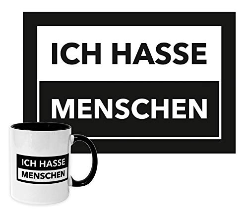 Close Up Ich Hasse Menschen 2er Set - lustige Fußmatte & Tasse - schwarz/weiß