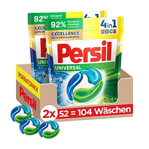 Persil Universal 4in1 DISCS (104 Waschladungen), Vollwaschmittel mit Tiefenrein-Plus Technologie bekämpft hartnäckige Flecken, 92% biologisch abbaubare Inhaltsstoffe*
