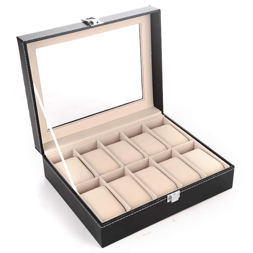 Naturer Schwarz Uhrenbox Herren Leder 10 uhren Luxus Uhrenkasten Uhrenkoffer Aufbewahrung Uhren Aufbewahrungsbox Uhrenschatulle mit Glasfenster Schloss