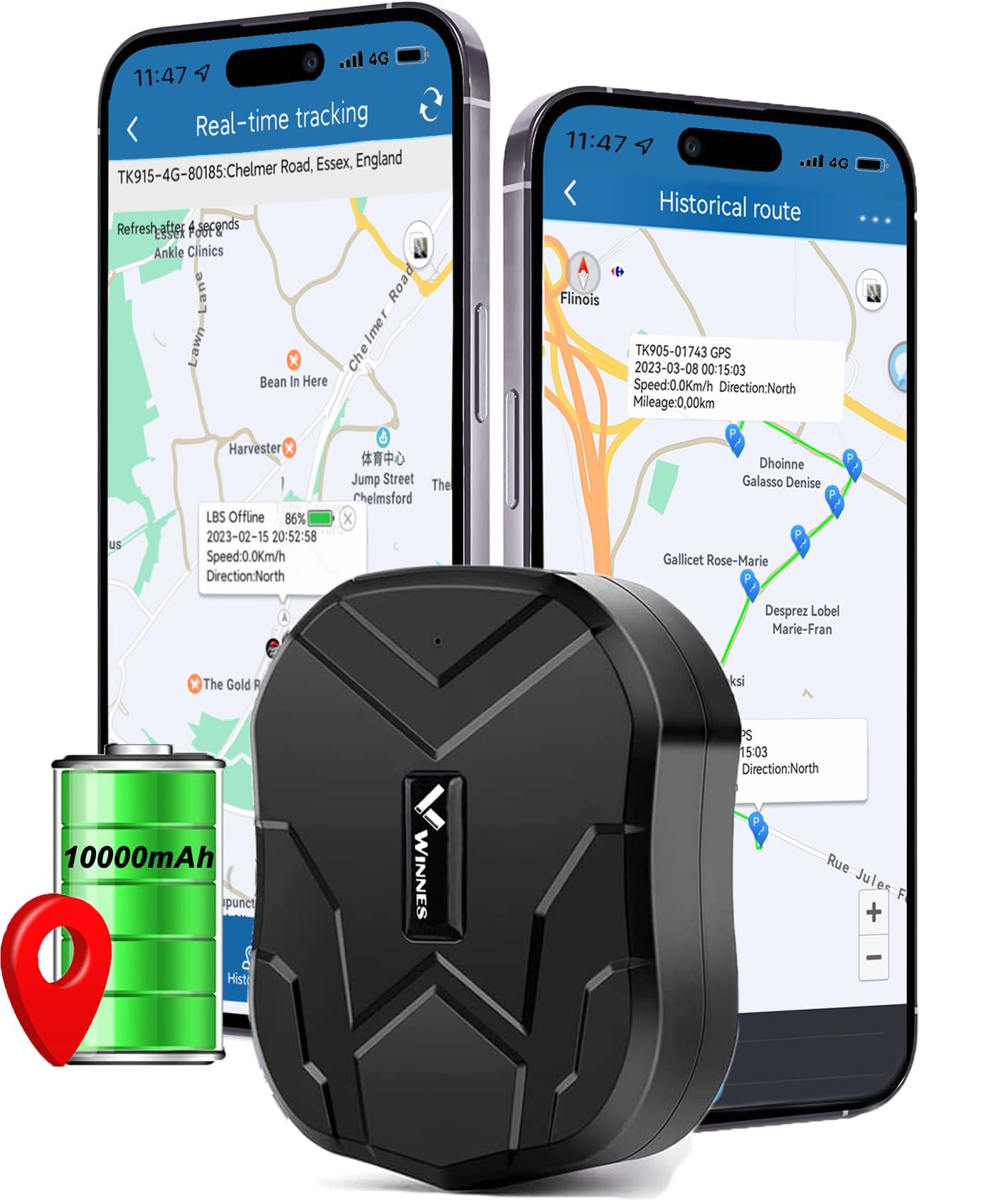 GPS Tracker Auto ohne ABO, 10000mAh GPS Tracker mit Starker Magnet, Langer Standby Echtzeit Positionierung GPS Tracker für Fahrzeug Auto Motorrad LKW mit kostenloser APP