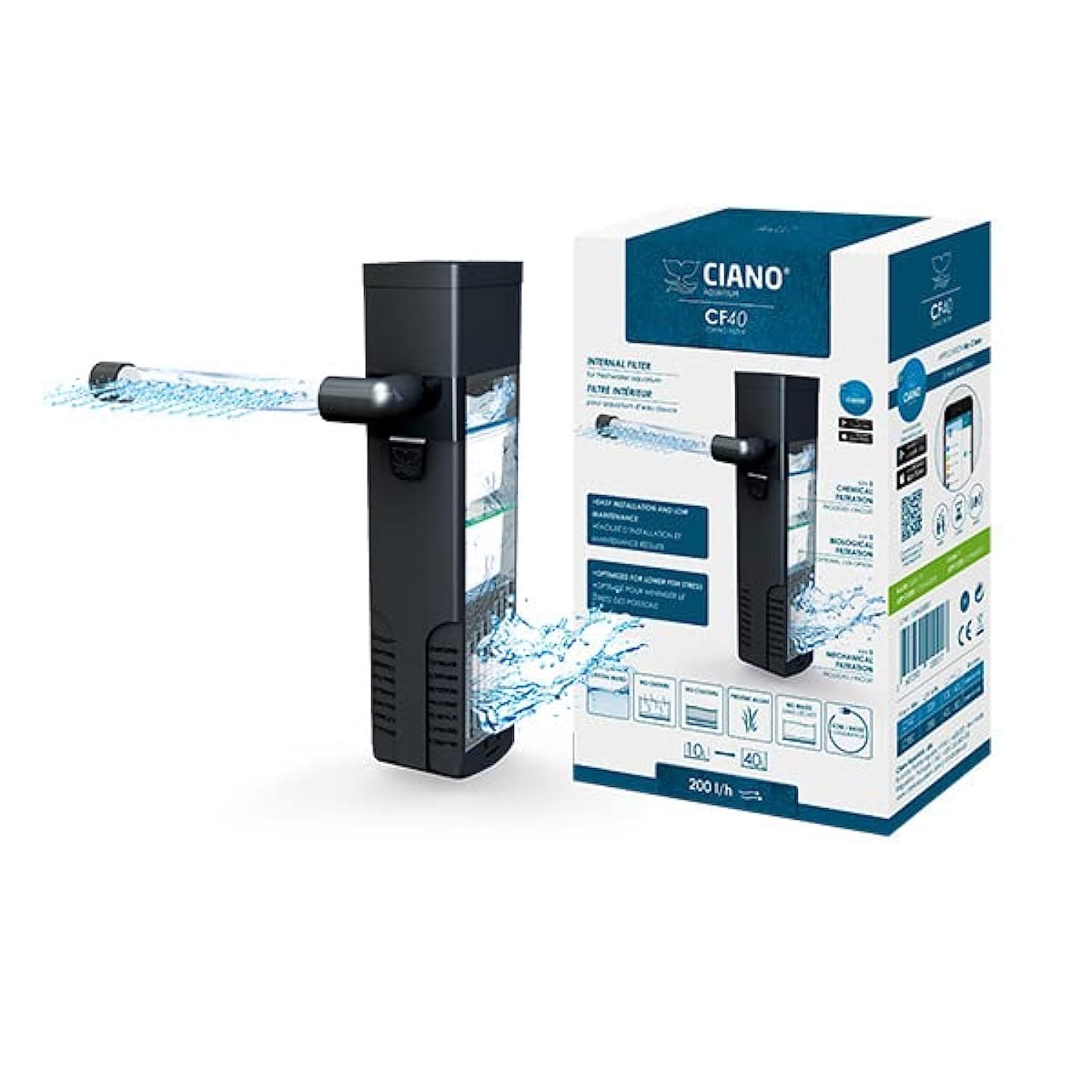 Ciano CF40 Innenfilter für Aquarien – Durchfluss von 200 l/h. Geeignet für Aquarien zwischen 10–40 l.
