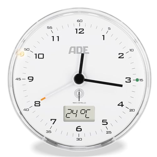 ADE Analoger Funkwecker ohne Ticken | mit Temperaturanzeige | Kalenderanzeige | analoger Wecker mit Licht | batteriebetrieben | kleine Uhr zum Hinstellen | weiß