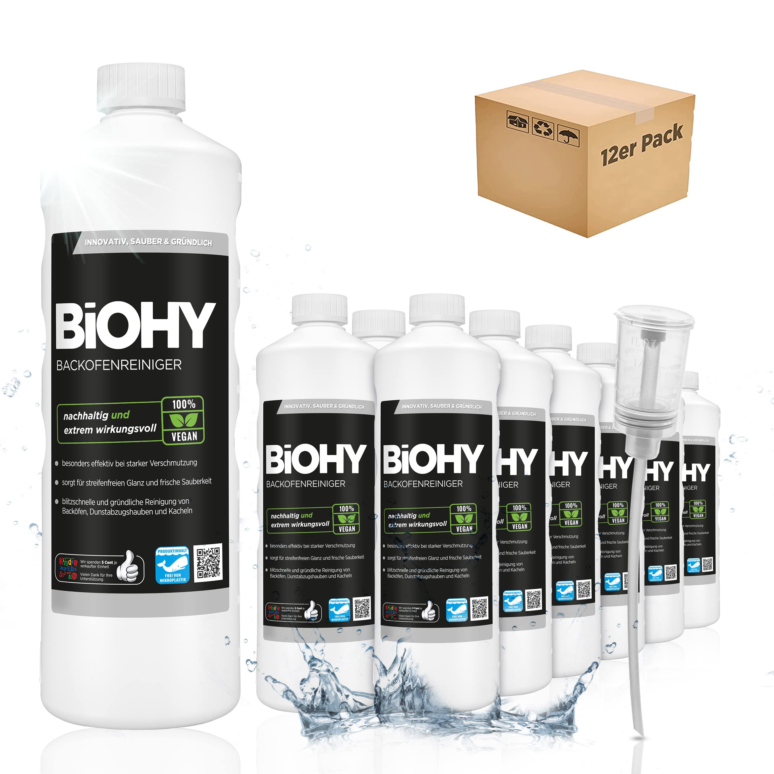 BiOHY Backofenreiniger Hochkonzentrat (12 x 1 Liter) + Dosierer | Bio Reiniger & Fettlöser | EXTRA STARK | löst hartnäckige Verkrustungen & Fett| für Backöfen & Mikrowellen | effektive Ofenreinigung