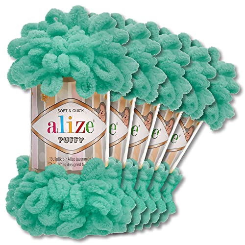 Alize 5 x 100 g Puffy Wolle Chenille Schlaufenwolle Häkeln und Stricken ohne Hilfsmittel Kleidung Accesoire Decken Teppiche (490 | Seegrün)