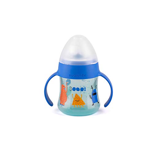 Suavinex - Babyflasche mit Griffen First BOOO 150 ml. Antitropf-Silikonsauger. Ergonomisches Design. Babyflasche für Babys + 4 Monate, Farbe Rosa