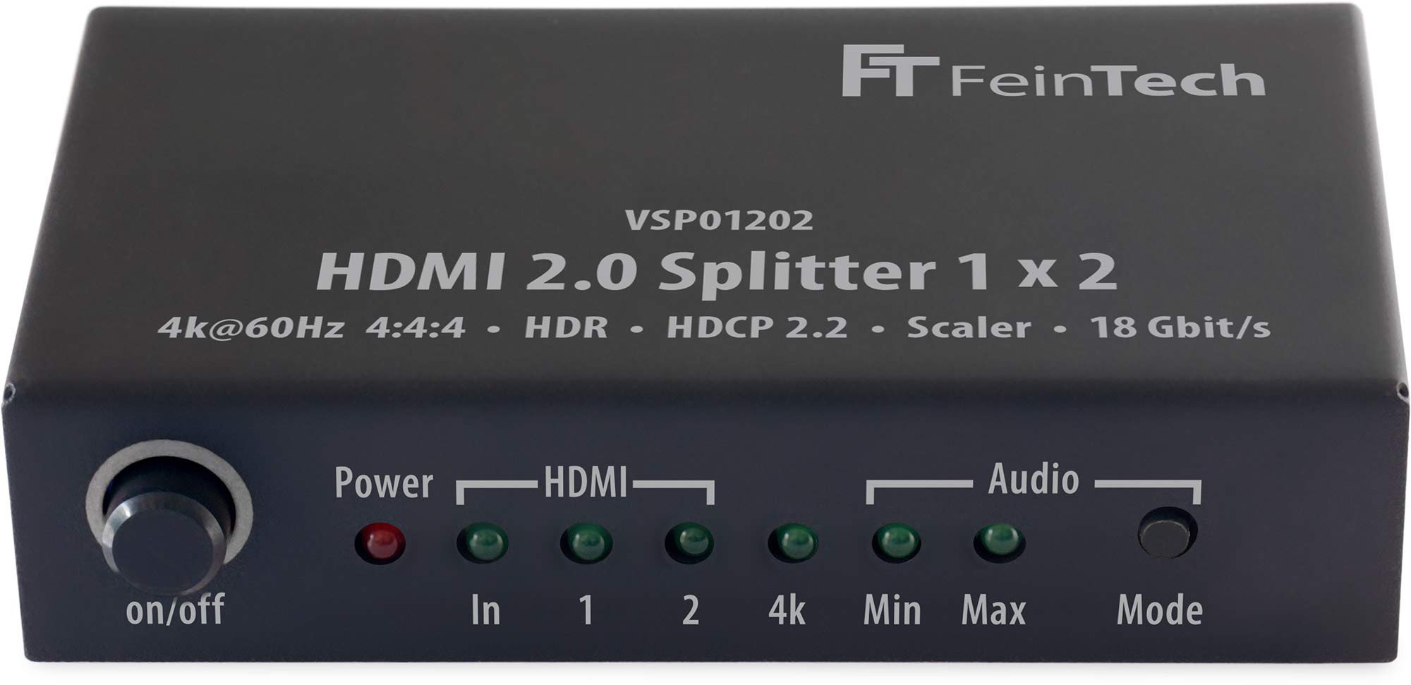 FeinTech VSP01202 HDMI 2.0 Splitter 1x2 mit 4K HDR Down-Scaler Audio-EDID Schwarz