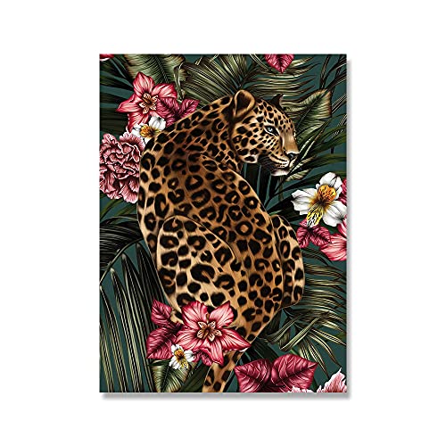 Blume Blätter Tiere Leinwand Druck Poster König von Dschungel Papagei Leopard Wandkunst Malerei Dekorative Bilder for Wohnzimmer (Color : B, Size : 50x70cm No Frame)
