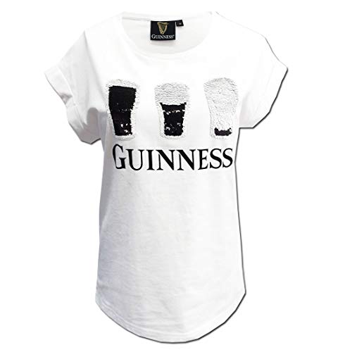 Guinness Weißes 2-Wege-Pailletten-T-Shirt Damen (as3, Alpha, m, Regular, Regular)