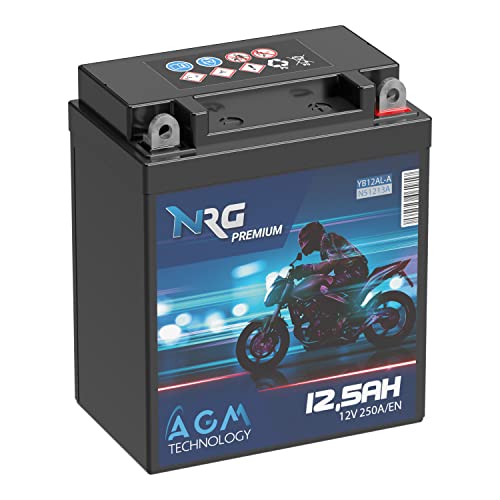 NRG Premium YB12AL-A2 AGM Motorradbatterie 12,5Ah 12V 250A/EN Batterie 51213 YB12AL-A auslaufsicher wartungsfrei ersetzt 12Ah 10Ah