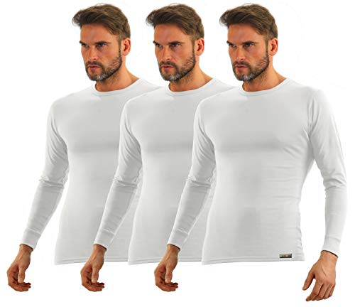 sesto senso Herren Langarm Unterhemden Baumwolle 3er Pack Tshirt Funktionsunterhemd mit Rundhalsausschnitt Weiß L 3 White