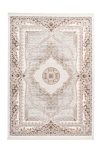 Teppich Klassisch Orientalisch Fransen Medaillon Teppiche Creme Beige 80x150cm