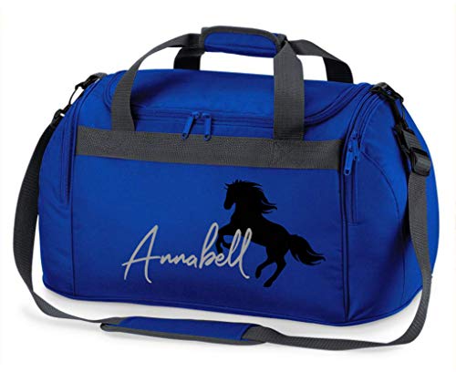 Reittasche mit Namensdruck personalisiert | Motiv aufsteigendes Pferd mit Name | Trage- und Sporttasche für Mädchen zum Reiten in vielen Farben verfügbar (Royalblau)