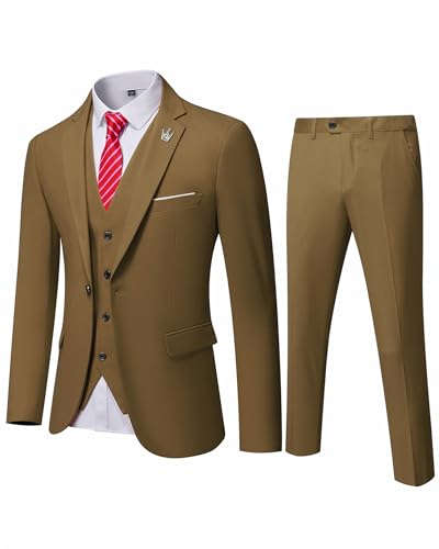 EastSide Herren Slim Fit 3-teiliger Anzug, Ein-Knopf-Blazer-Set, Jacke Weste & Hose, khaki, M