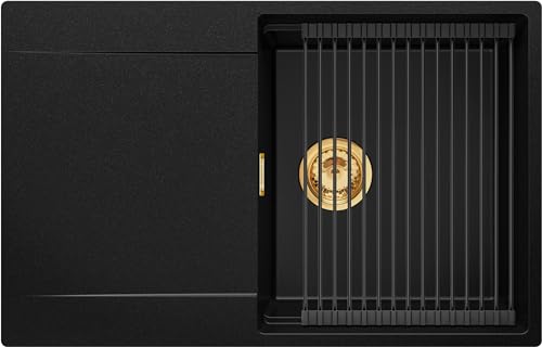 Spülbecken Schwarz 78x50 cm, Granitspüle + Ablauf-Set Gold + Aufrollbare Abtropffläche, Küchenspüle für 50er Unterschrank, Einbauspüle von Primagran