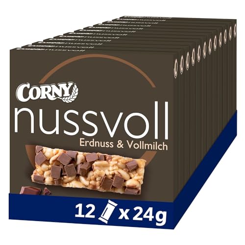 Nussriegel Corny Nussvoll Erdnuss und Vollmilch, mit Erdnüssen und Schokostücken, 12x96g