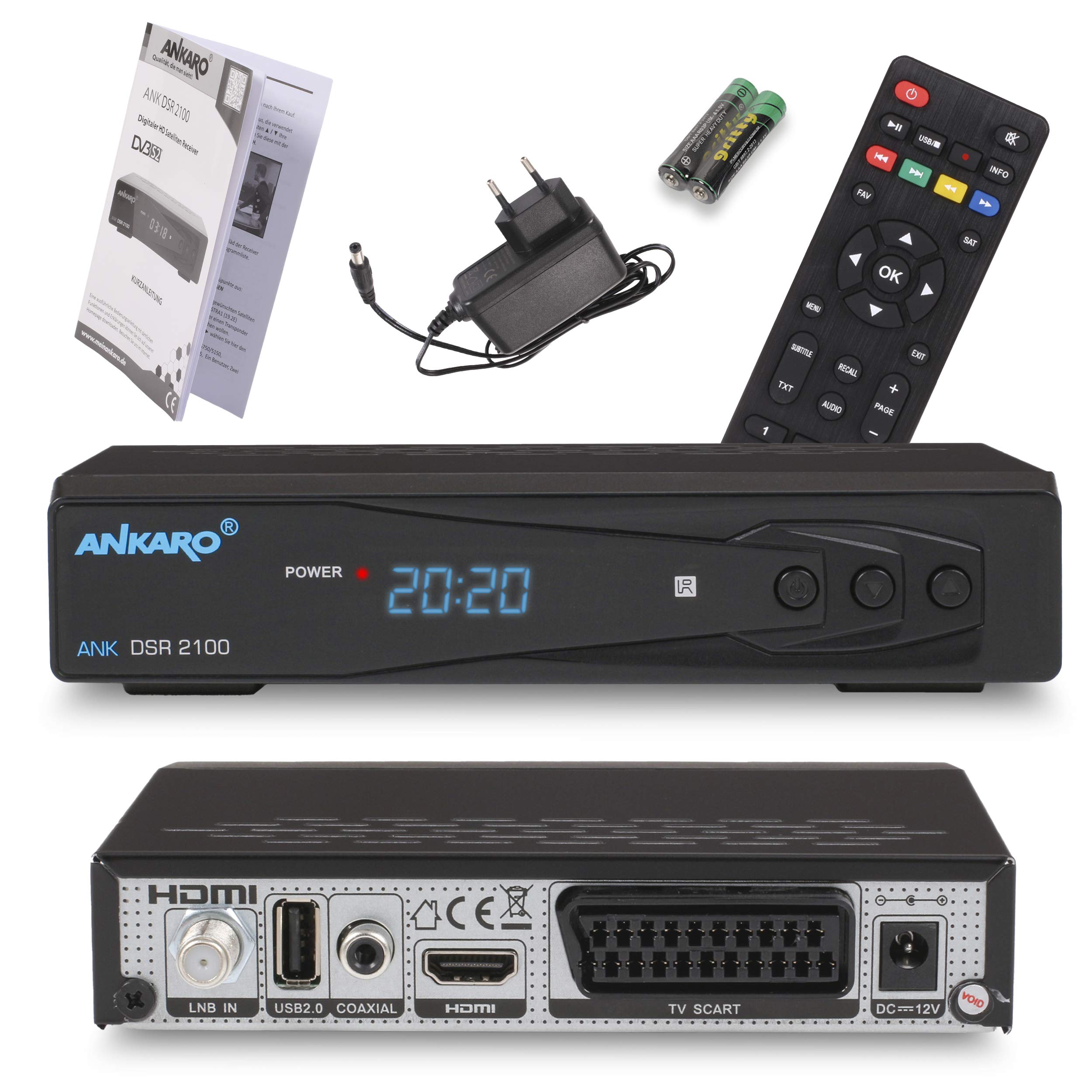 ANKARO DSR 2100 digitaler Full HD 1080p Satelliten Receiver schwarz mit USB Mediaplayer/HDMI/Scart/LED Display / 12V Netzteil ideal für Camping