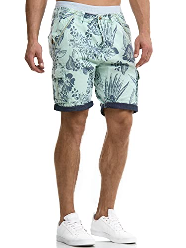 Indicode Herren Albert Cargo Shorts Hawaii mit 6 Taschen aus 100% Baumwolle | Kurze Hose Regular Fit Bermuda Cargoshorts Herrenshorts Short Men Pants Cargohose kurz für Männer Surf Spray L