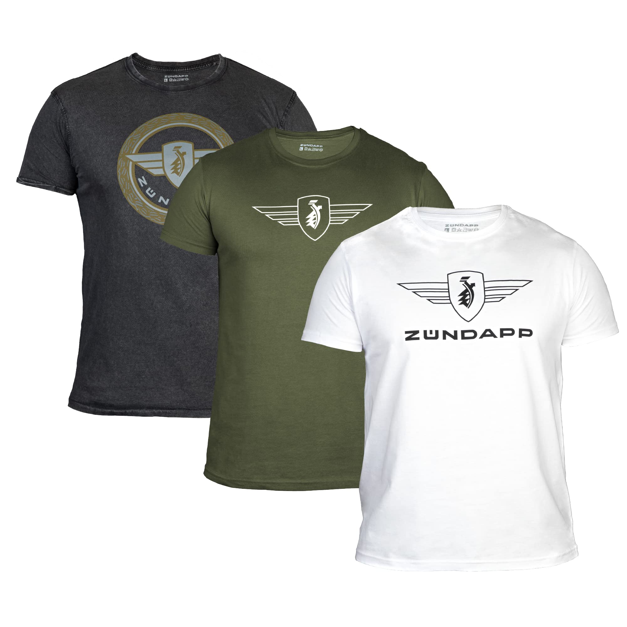 ZÜNDAPP T Shirt Herren oder Damen | Basic Tshirt 3er Set | Unisex Baumwoll T-Shirt 3er Pack (XXL, grau meliert + Oliv Uni + weiß Uni)