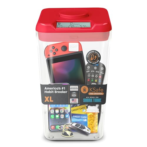 Kitchen Safe mit Zeitschloss-Container (XL), Zeitschloss-Box für Handys, Snacks und andere unerwünschte Versuchungen (roter Deckel + 26.4cm klarer Behälter)