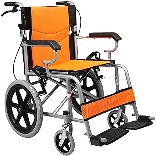 Leichter faltbarer Rollstuhl, bequemer tragbarer Rollstuhl mit Eigenantrieb, abnehmbare Fußstützen, Armlehne, orange