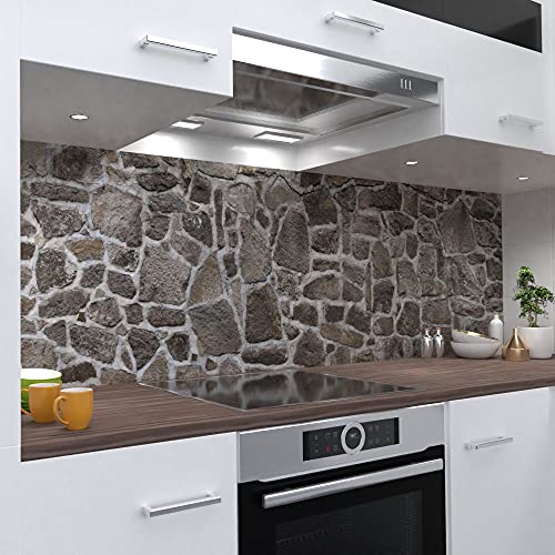 OneWheel | selbstklebende Küchenrückwand | 220x60 cm harte PVC Folie | Wandtattoo für Fliesenspiegel Design Stein grau | Motiv: Naturstein