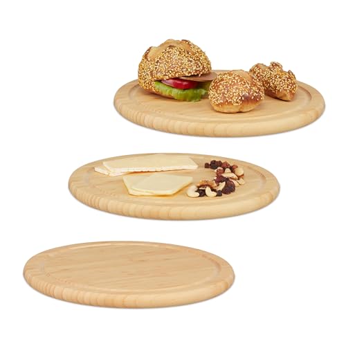 Relaxdays Frühstücksbrettchen, 3er Set Holzbretter, runde Schneidebretter aus Bambus, Ø 30 cm, Brotzeitbretter, Natur