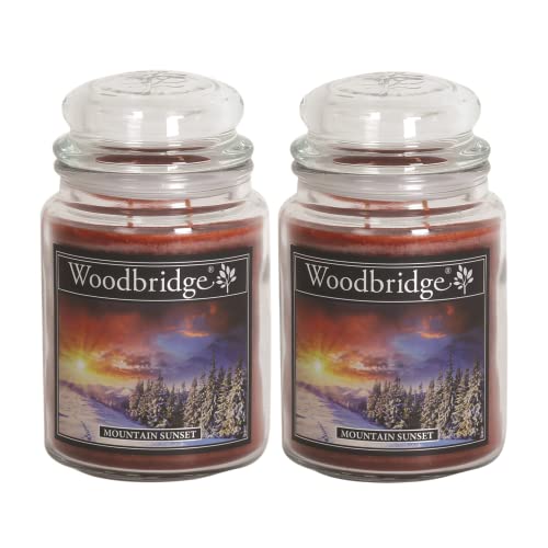 Woodbridge Duftkerze im Glas mit Deckel | 2er Set Mountain Sunset | Duftkerze Winter | Kerzen Lange Brenndauer (130h) | Duftkerze groß | Kerzen Braun (565g)