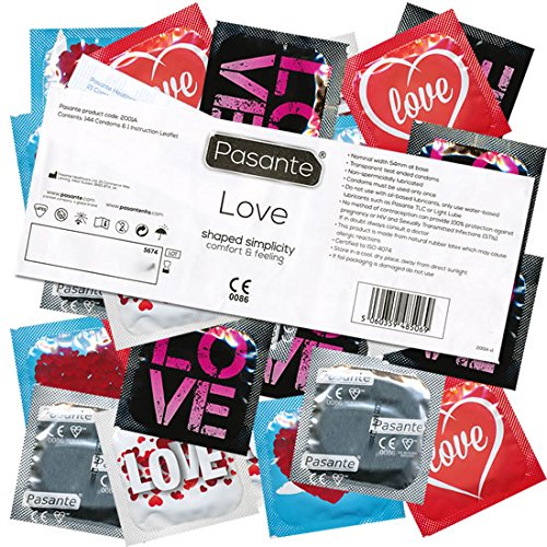 Pasante Love 144 Motiv-Kondome, romantische Kondome - ideal als Geschenk zum Valentinstag, Junggesellenabschied - Kondomvorrat, bedruckte Siegelfolien