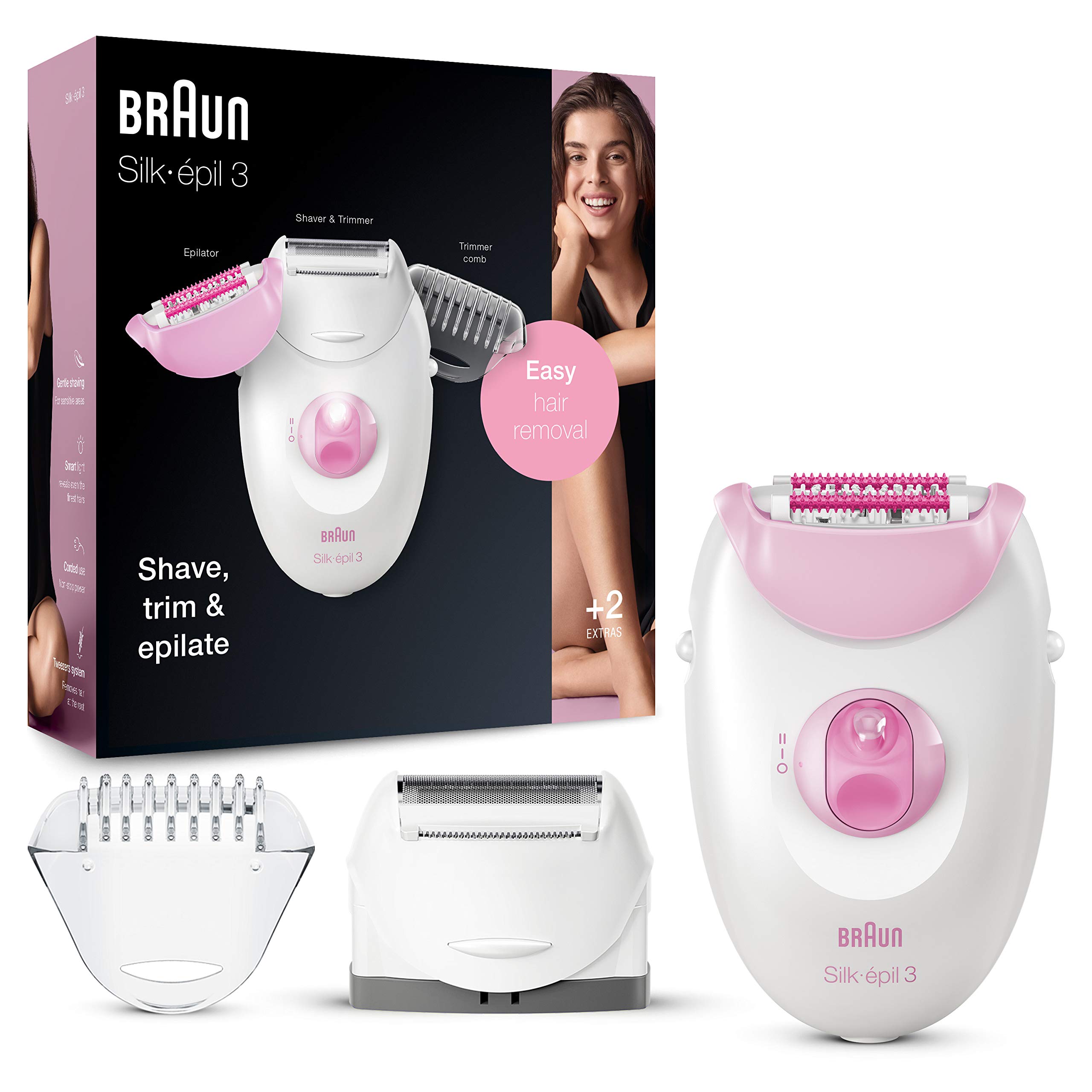 Braun Silk-épil 3 Beauty-Set, Epilierer Damen für Haarentfernung, Aufsätze für Rasierer, Trimmer und Massage für Körper, 3270, pink/weiß