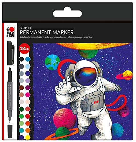 Marabu 0147000000102 - Permanent Marker Graphix 24er Set Hero of Galaxy, mit Doppelspitze 1-2 mm und 0,5 mm, brillante Farben, schnelltrocknende, alkoholbasierte Tinte, geruchsarm und wasserfest