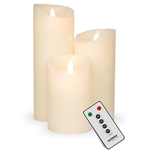 sompex Flame Echtwachs LED Kerze, fernbedienbar, Elfenbein - in verschiedenen Größen, Höhe:3er Set (12.5-23cm + Fernbedienung)