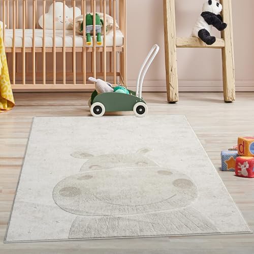 Kinderteppich Creme, Beige - 120x160 cm - Tier-Motiv Nilpferd - Kurzflor Teppiche Kinderzimmer, Spielzimmer